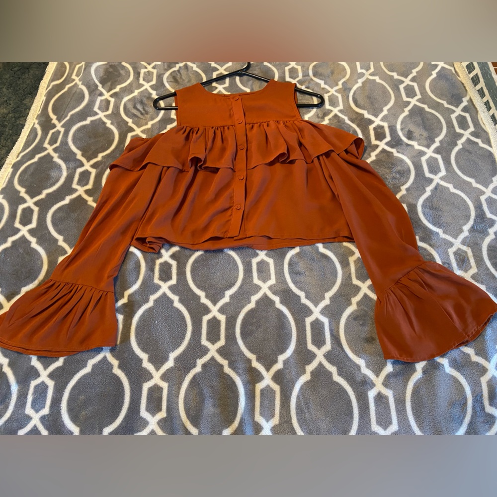 Misguided burnt orange cold shoulder ruffle blouse